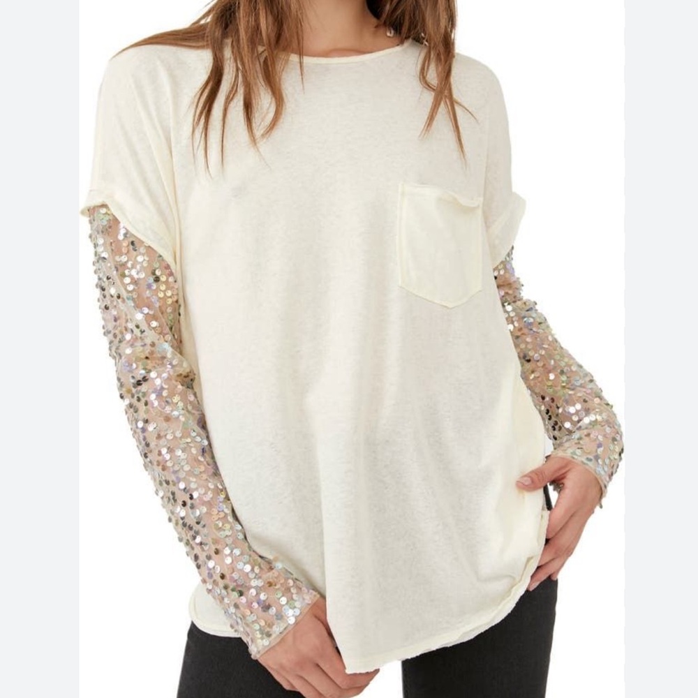 Free People Celine Sequined Sleeve Tee